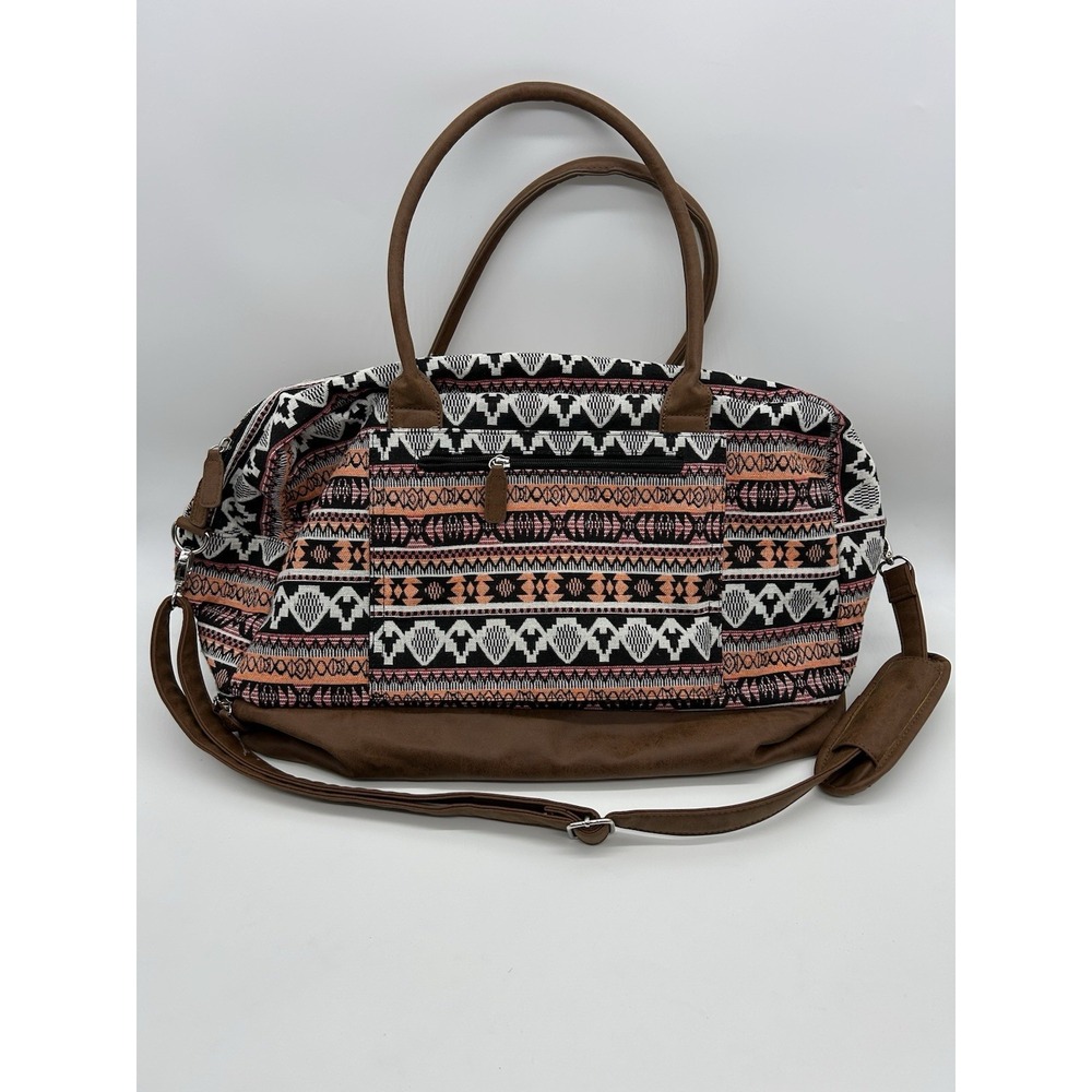 My Mealivos Aztec Southwestern Woven Weekender Vegan Duffel Bag Black White Pink